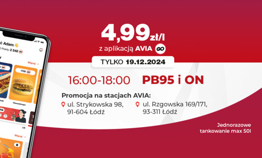 Paliwo za 4,99 zł/l na dwóch stajach AVIA w Łodzi dla użytkowników aplikacji AVIA GO